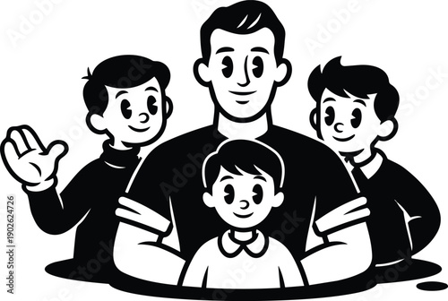 Retro cartoon family portrait close up father with three smiling sons sitting together looking at camera simple black and white vector line art friendly warm illustration