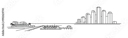 Minimalist coastal city skyline with skyscrapers and waterfront