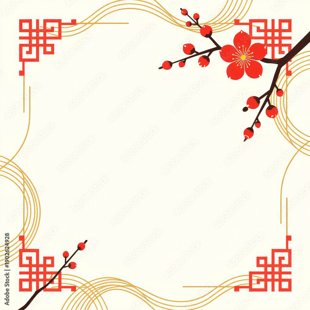 Obraz premium Lunar New Year greeting card template with golden lines and red ornaments.