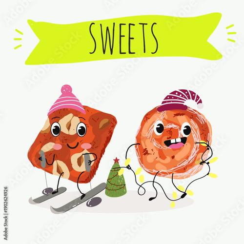 Funny Characters cezerye, carrot dessert, Turkish traditional food. Hand drawn vector illustration.