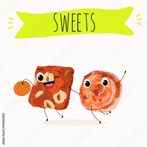 Funny Characters cezerye, carrot dessert, Turkish traditional food. Hand drawn vector illustration.