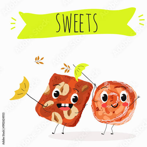 Funny Characters cezerye, carrot dessert, Turkish traditional food. Hand drawn vector illustration.