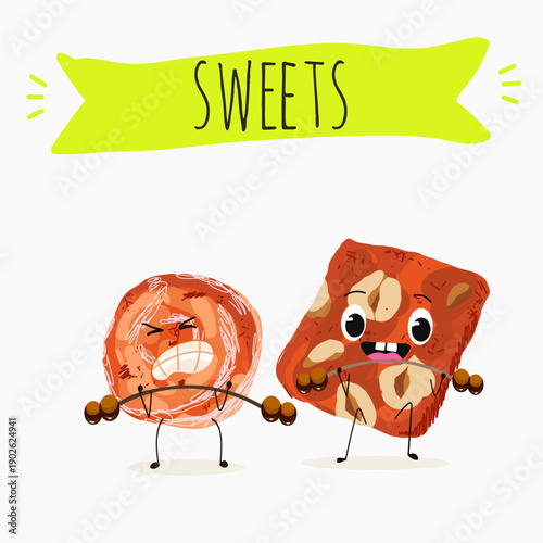 Funny Characters cezerye, carrot dessert, Turkish traditional food. Hand drawn vector illustration.