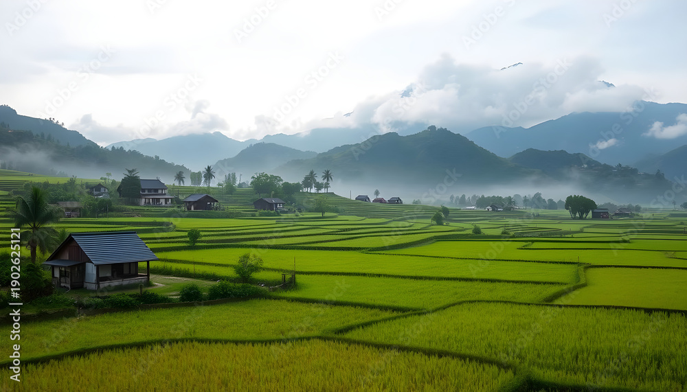 Obraz premium Serene rural Japan landscape with rice fields, small houses, and misty mountains. Generative AI.