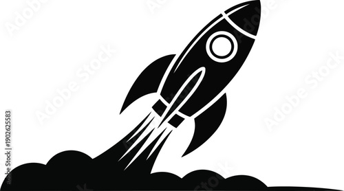 A single black silhouette rocket launches skyward with a strong smoke plume, signifying ambitious new ventures