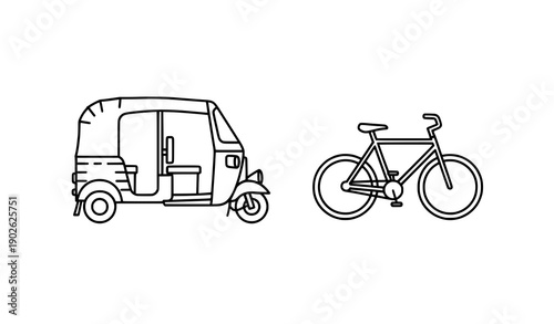 Black thin line auto rickshaw and bicycle transport icon set
