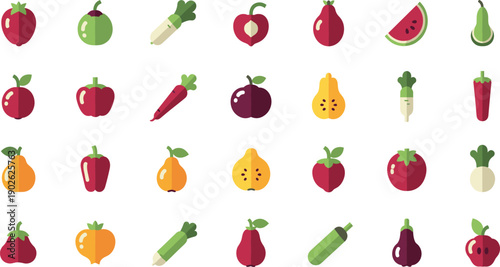 Flat Fruit and Vegetable Icon Set with Apples, Peppers, Pears, Zucchini, Carrots, Radish, and Watermelon for Food, Grocery, and App Design