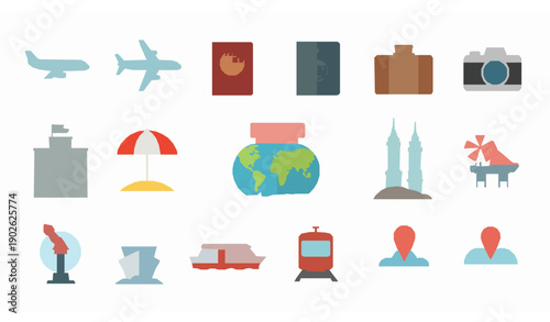 Travel and vacation flat vector icon set with tourism transport and destination symbols