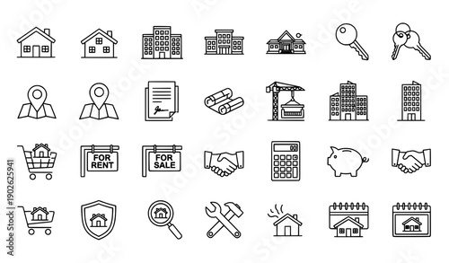 Real estate flat minimal vector icon set for property and housing concepts