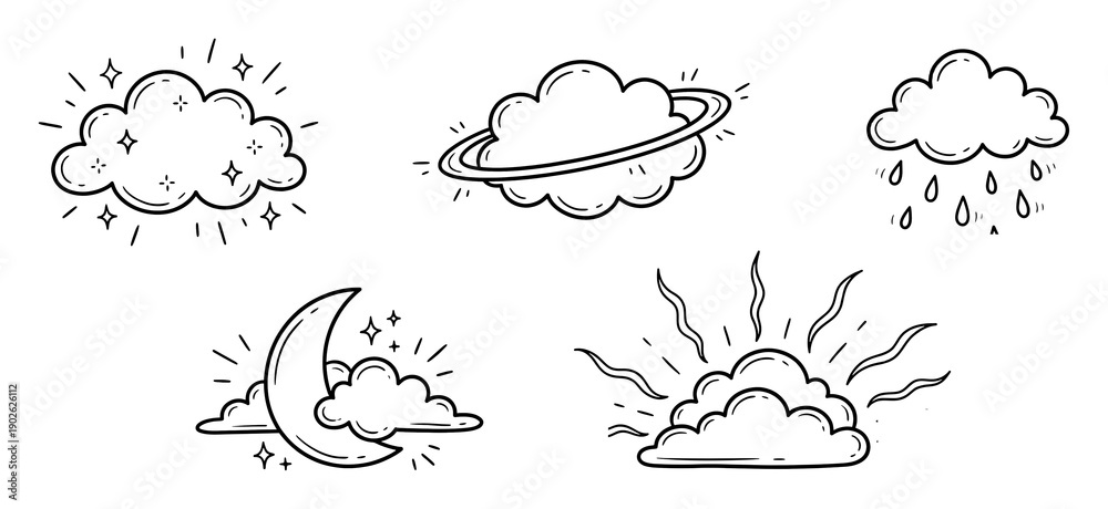 Obraz premium Hand-drawn glow clouds doodle sticker Set.