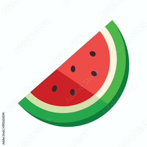 A single slice of ripe watermelon with red flesh and black seeds on a white background.
