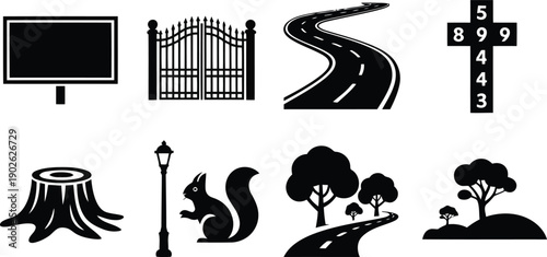 A varied collection of black silhouette icons depicting outdoor elements, signs, and infrastructure