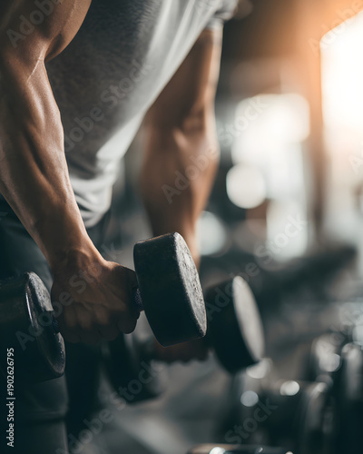 Athlete training with dumbbell in gym close up, strength and fitness concept