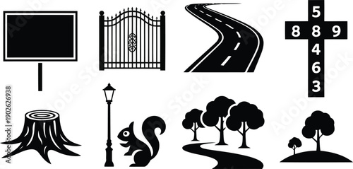 A varied set of monochrome icons featuring natural landscapes and common roadside items