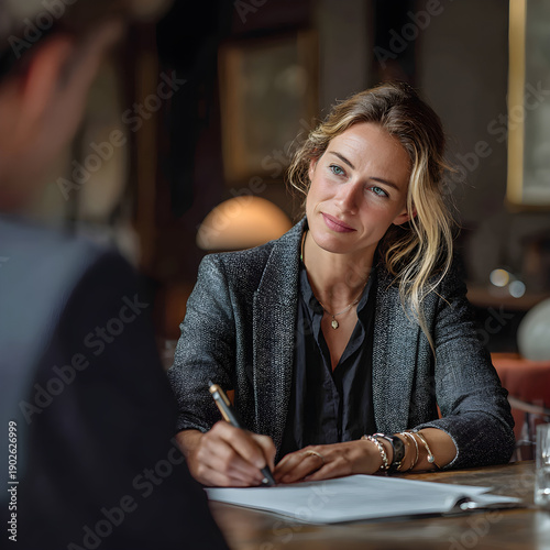 Professional businesswoman consulting client and signing document during office meeting