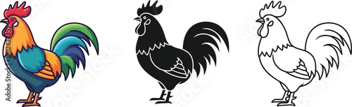 Collection of three stylized rooster illustrations featuring a vibrant colored cartoon design a solid silhouette and a clean black and white outline perfect for various design projects