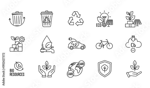 Environmental recycling outline icons with editable stroke eco symbols