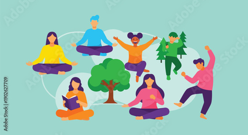 Group of People Meditating Together around a Tree.