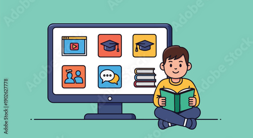 Student learning online with e-learning platform on computer screen.