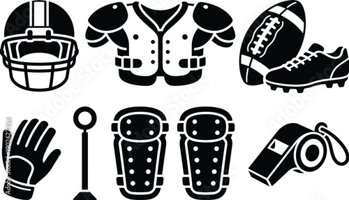 American football equipment set with helmet and protective gear