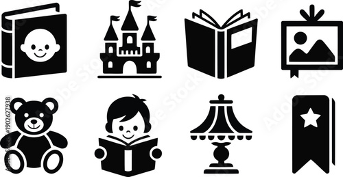 Adorable collection of black silhouette icons depicting childhood, education, and storytelling elements
