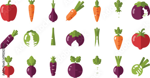 Flat Vegetable Icon Set with Root and Leafy Greens Including Carrots, Beets, Cabbage, Radish, and Fresh Produce Designs
