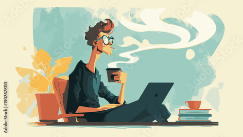 A freelancer experiencing burnout sits with laptop and coffee in a relaxed home environment viewed from the side.