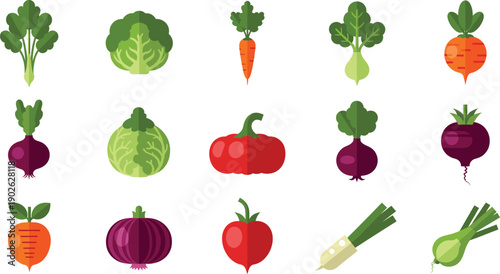 Flat Vegetable Icon Set with Leafy Greens and Root Vegetables Including Carrots, Beets, Cabbage, Radish, Onion, Leek, and Fresh Produce