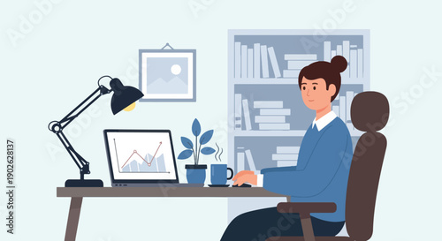 Woman working on computer at desk with bookshelf.