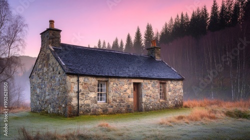 grampian. An ancient stone cottage sits in a misty valley during the golden h...