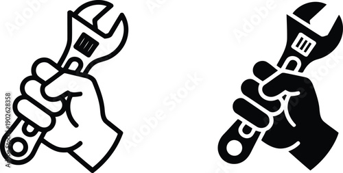 A human hand firmly grips an adjustable wrench, presented in both outline and solid black styles