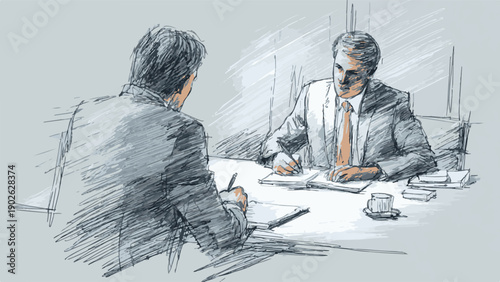 Business negotiation scene with two men discussing documents at a table in a professional office setting