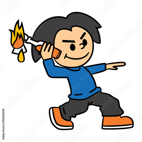 Mischievous child playfully wielding a flaming torch with a determined expression, capturing youthful energy and a sense of daring adventure for creative projects.