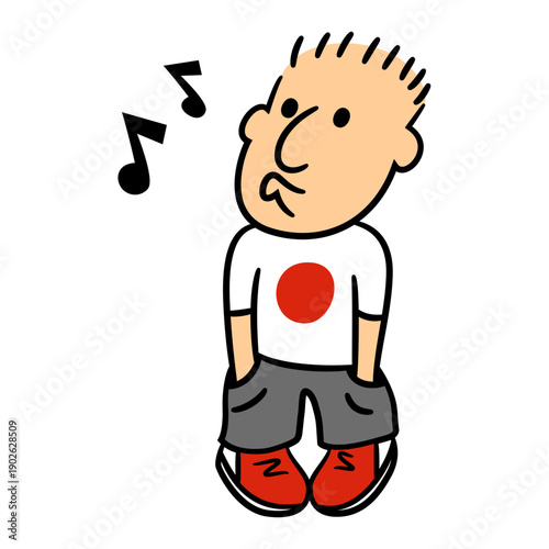 Whimsical character with musical notes floating upwards suggests a moment of creative inspiration or joyful melody, perfect for conveying lighthearted ideas.