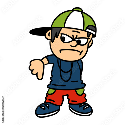 Angry cartoon boy giving thumbs down gesture with frustrated expression, embodying rejection or disapproval in a bold, modern style