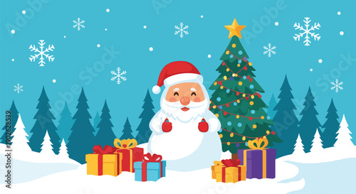 Santa Claus with Christmas Tree and Gifts in Winter Forest.