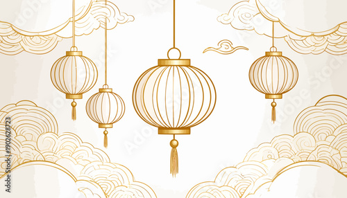 Serene illustration of golden outlined traditional lanterns gracefully suspended amidst delicate cloud patterns, ideal for festive Asian cultural designs and elegant celebration themes