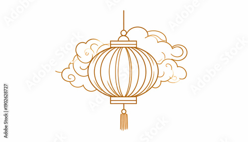 Golden Lantern Hanging Amongst Wispy Clouds, Illustrating Traditional East Asian Festival Decor