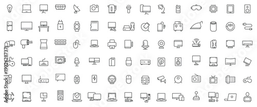 Device and technology line icon set. Electronic devices and gadgets, computer, equipment and electronics. Computer monitor, smartphone, tablet and laptop simple icon collections