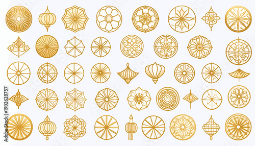 A diverse array of luxurious golden ornamental designs and intricate geometric patterns, featuring elegant mandalas and decorative filigree for sophisticated artistic and graphic projects