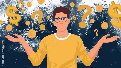 Man in yellow shirt puzzled by floating question marks and dollar signs surrounding him