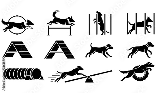 Set of Dog Agility Icons. Black Silhouette Vector Collection of Training Obstacles.