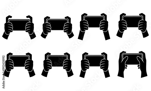 Set of black vector icons showing hands holding a horizontal smartphone