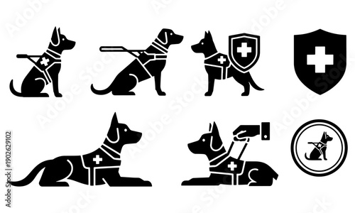 Collection of Black Service Dog and Medical Assistance Vector Icons Set
