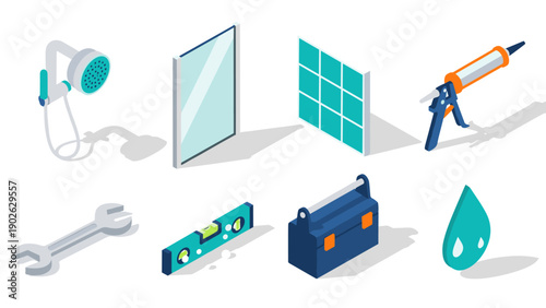 Isometric home improvement tools and accessories with modern design elements