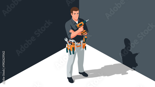 Confident carpenter with electric drill in modern isometric style