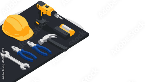 Isometric construction tools set with drill and helmet on black surface