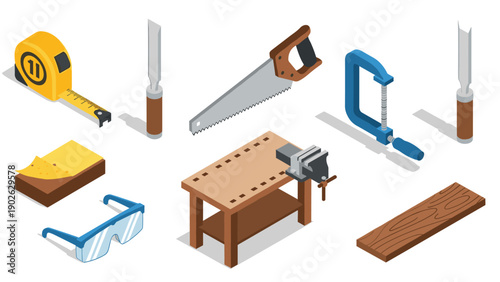 Workshop tools collection: isometric carpentry essentials for diy projects