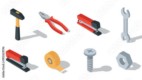 Isometric tool set: hammer, pliers, stapler, wrench, tape, screw, nut on white background