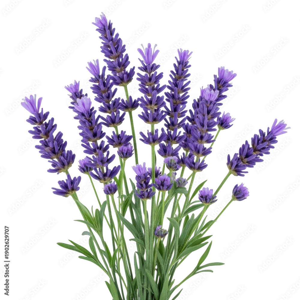 Fototapeta premium A vibrant bunch of purple lavender flowers in full bloom with green stems isolated on transparent background